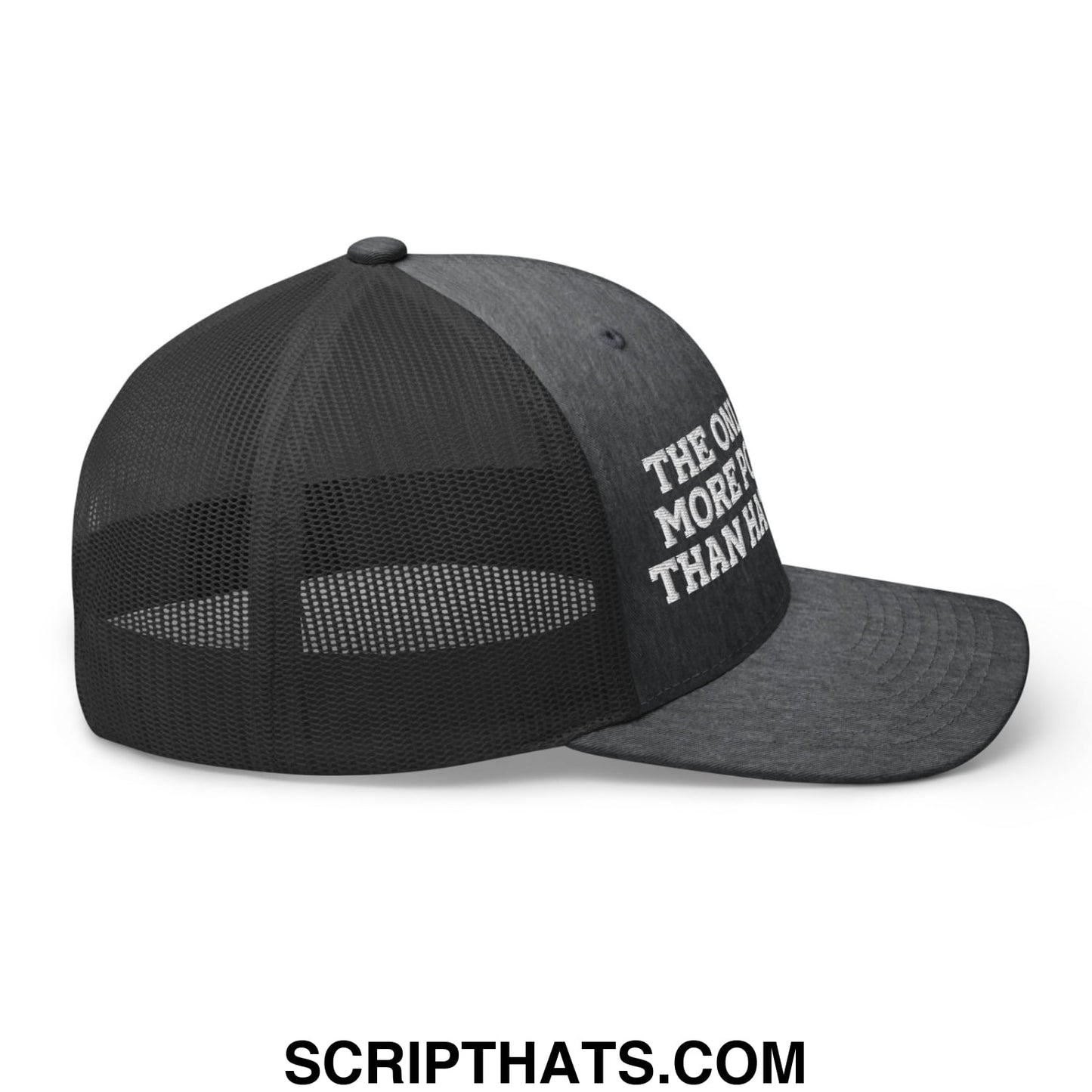 Black mesh trucker hat with white embroidered the only thing more powerful than hate is love text on front
