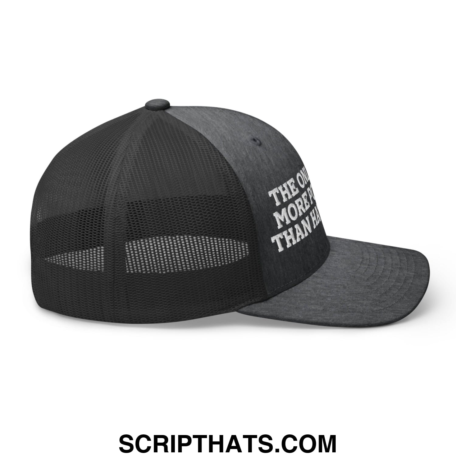 Black mesh trucker hat with white embroidered the only thing more powerful than hate is love text on front