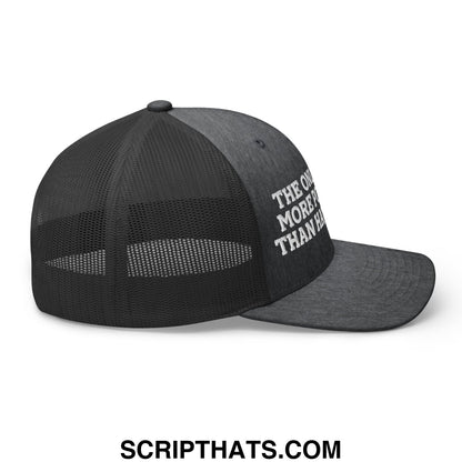 Black mesh trucker hat with white embroidered the only thing more powerful than hate is love text on front