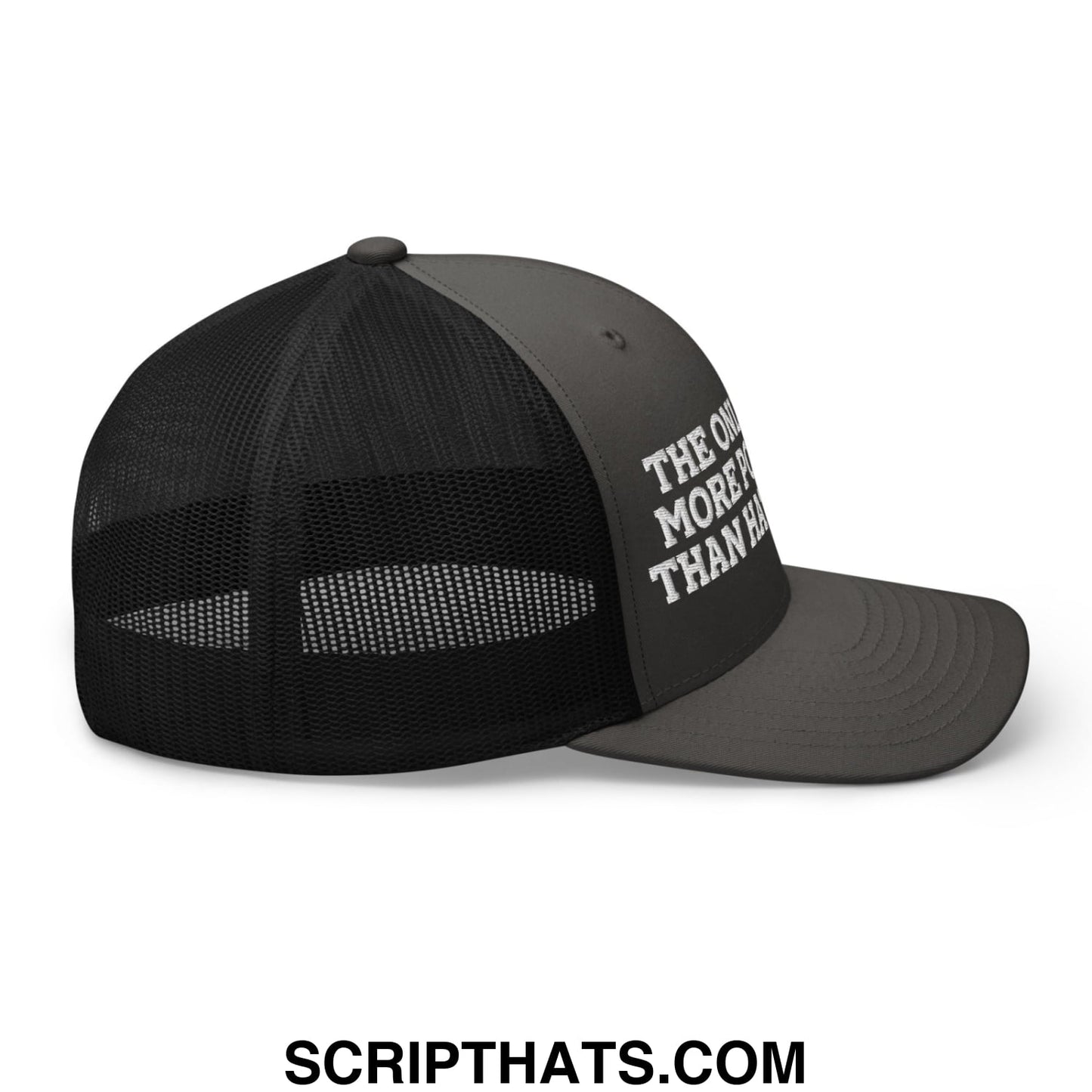 Black and charcoal gray mesh trucker hat with white embroidered text the only thing more powerful than hate is love on side