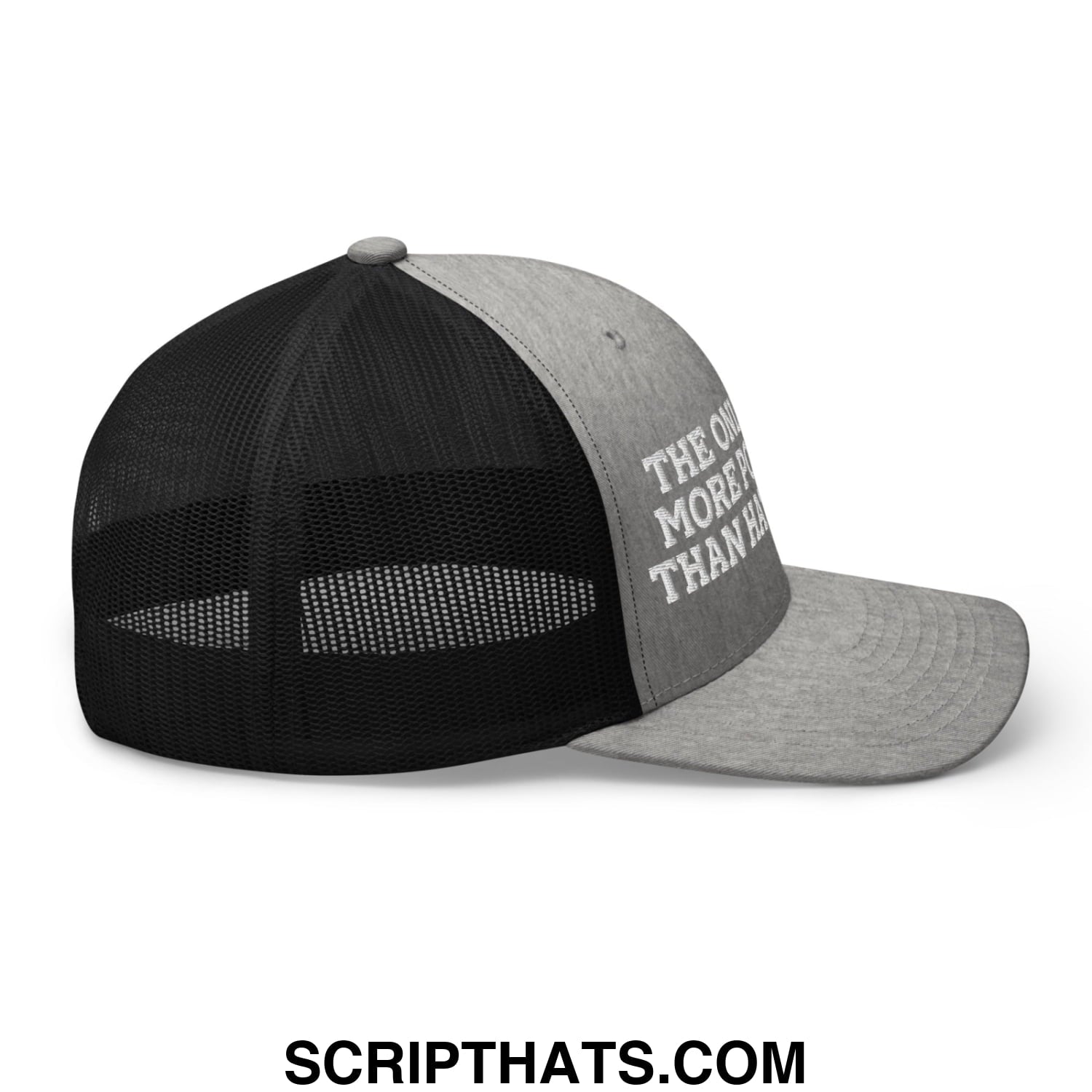 Gray and black mesh trucker hat with white embroidered the only thing more powerful than hate is love text on front panel