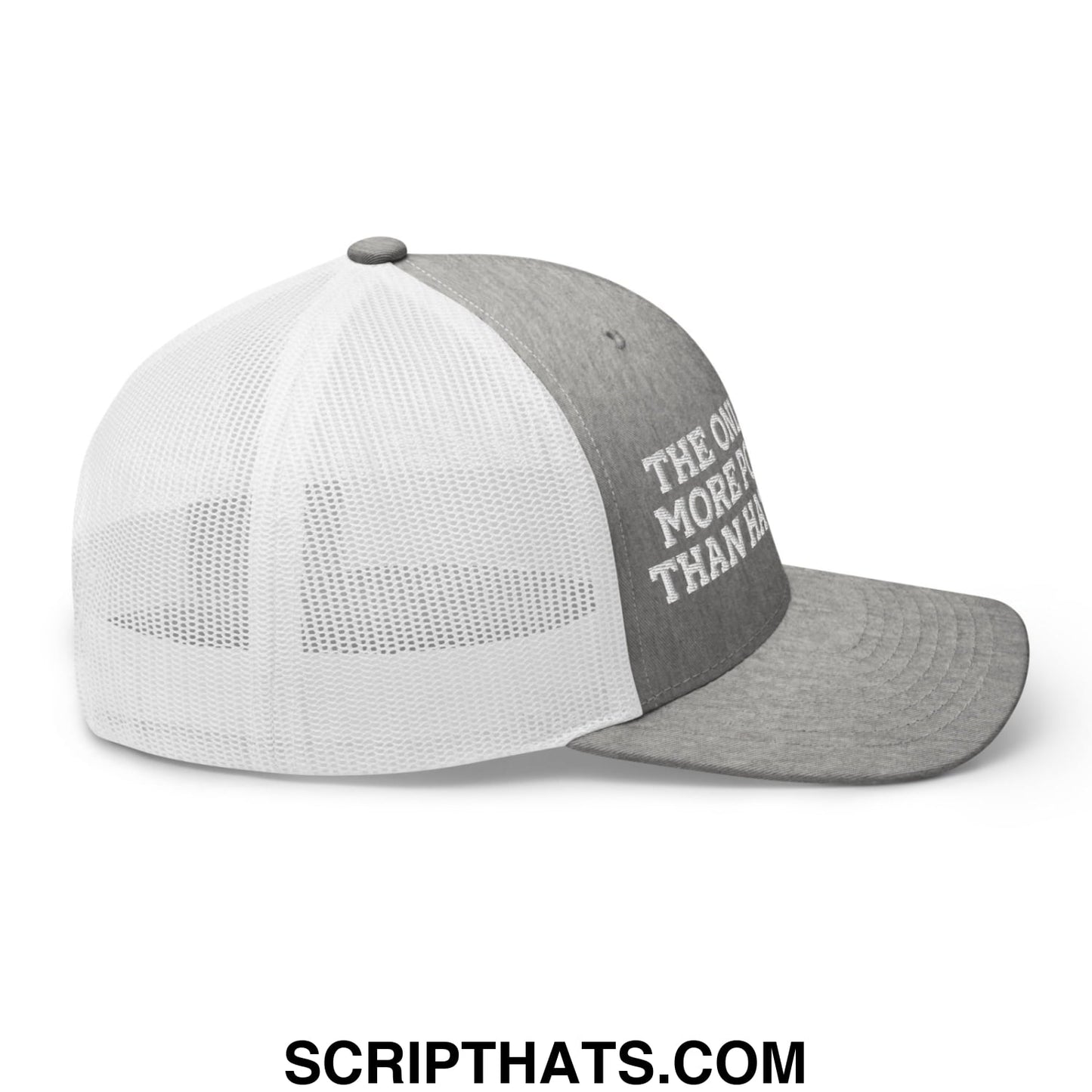 Gray and white mesh trucker hat with the one more than text on the gray front panel for love over hate message