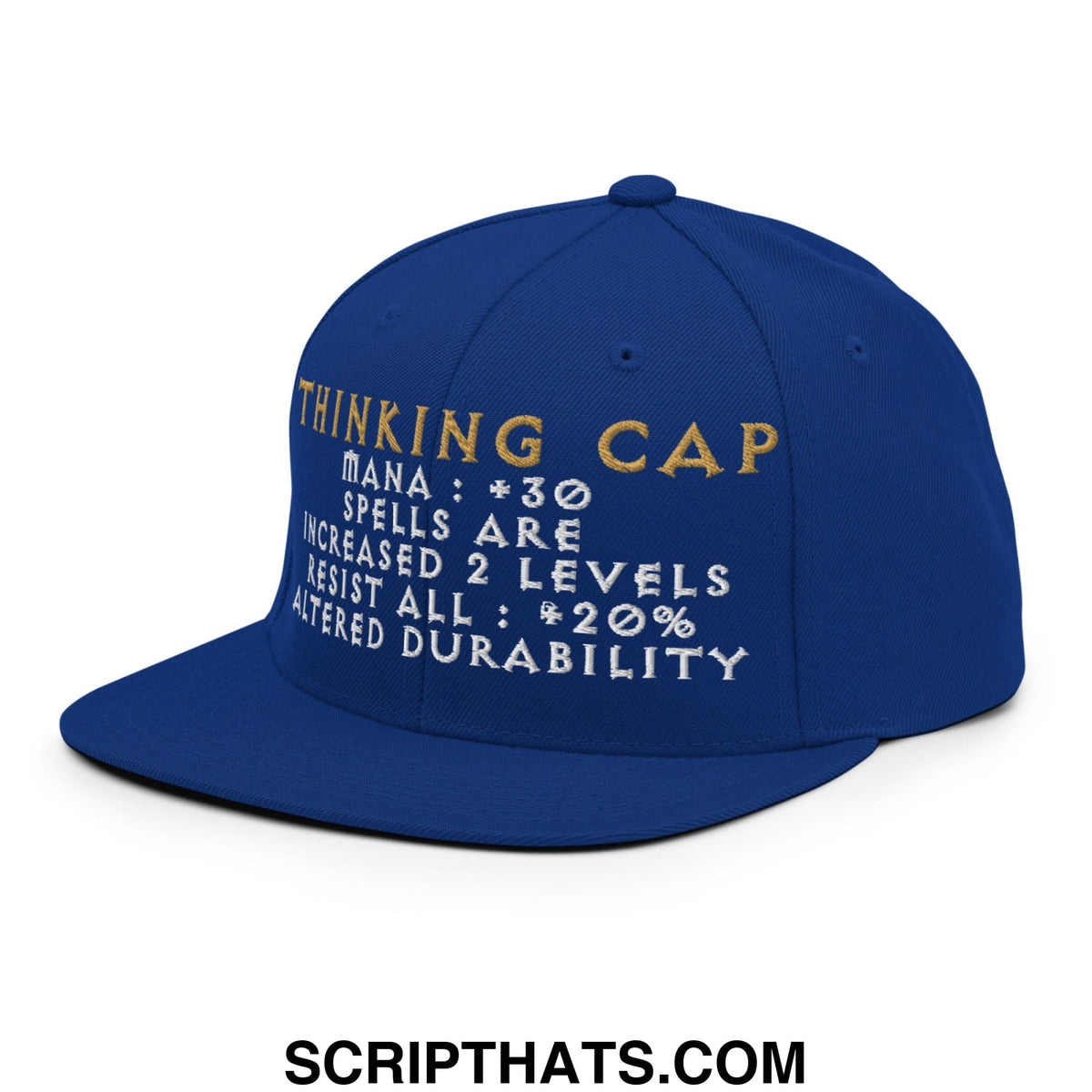 Royal blue thinking cap Diablo snapback hat with gold and white embroidered text and game-like stats design