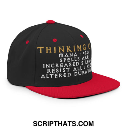 Black and red Thinking Cap Diablo embroidered flat bill snapback hat with gold and white game-like stats text