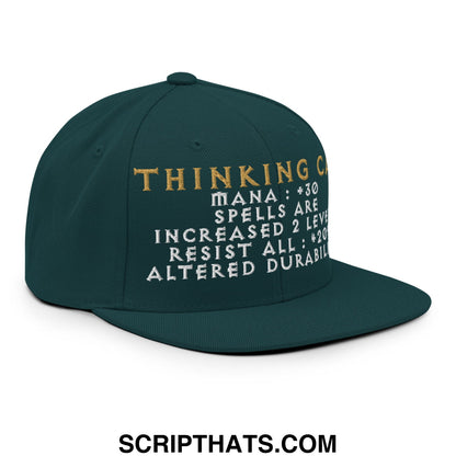 Dark green thinking cap diablo snapback hat with gold and white embroidered text and game-like stats on front