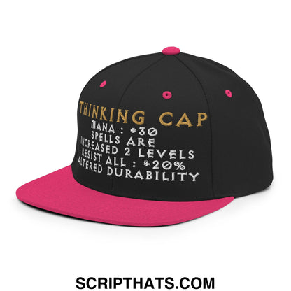 Black snapback thinking cap diablo hat with vibrant pink flat bill brim and gold white embroidered game stats
