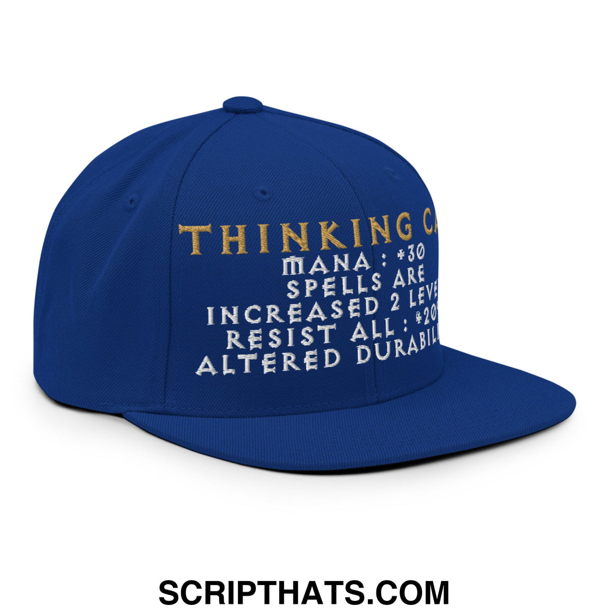 Royal blue Thinking Cap Diablo snapback hat with gold white embroidered text and game-like stats on flat bill brim