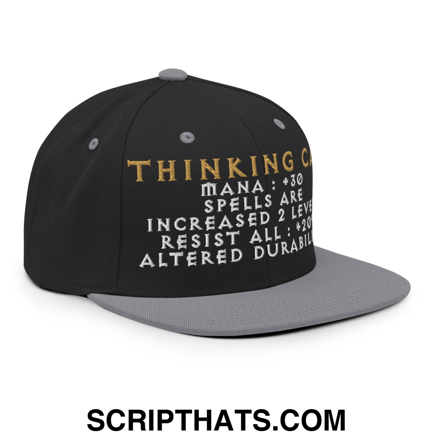 Thinking Cap Diablo Embroidered Flat Bill Brim Snapback Hat Black Silver