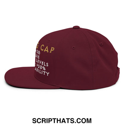 Maroon thinking cap diablo embroidered flat bill snapback hat with gold and white g cap text and game stats embroidery