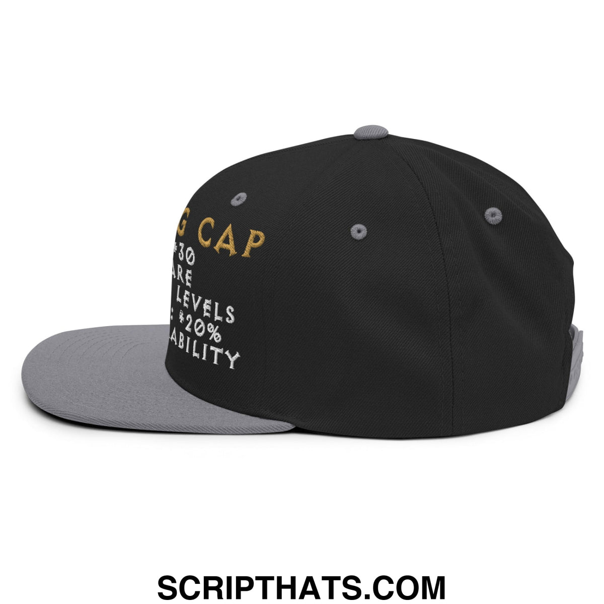 Black and gray thinking cap diablo embroidered snapback hat with gold and white g cap text and game-like stats