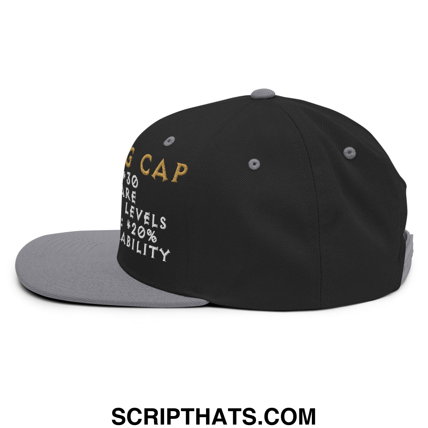 Black and gray thinking cap diablo embroidered snapback hat with gold and white g cap text and game-like stats