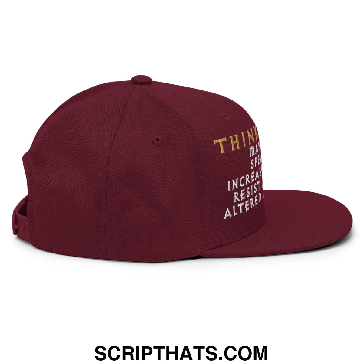 Maroon thinking cap Diablo snapback hat with flat bill brim and gold and white embroidered text on the side