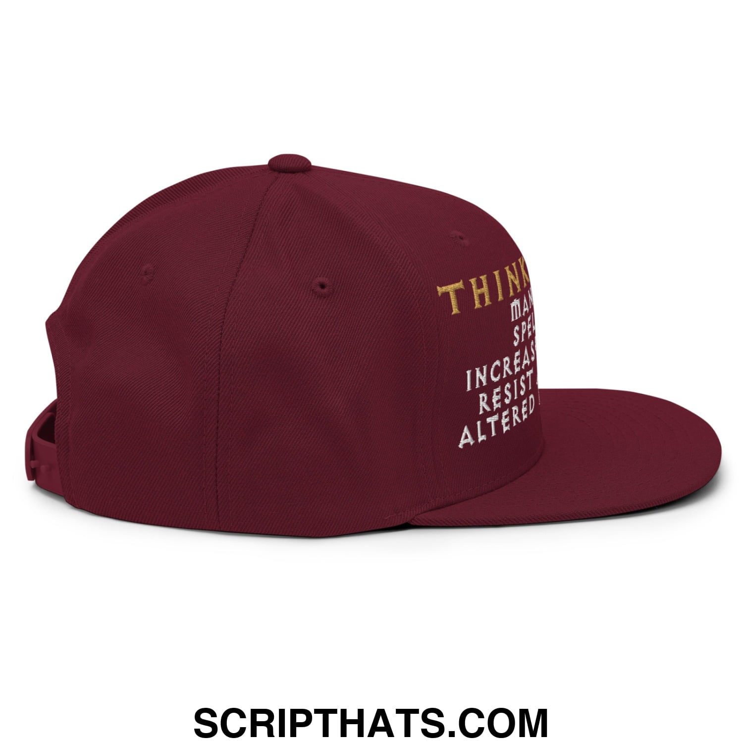 Maroon thinking cap Diablo snapback hat with flat bill brim and gold and white embroidered text on the side