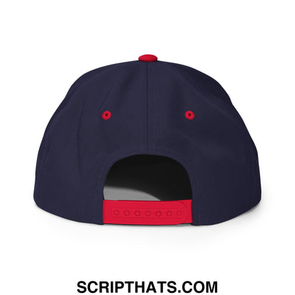 Navy blue thinking cap diablo snapback hat with flat bill brim red button and adjustable strap shown from the back