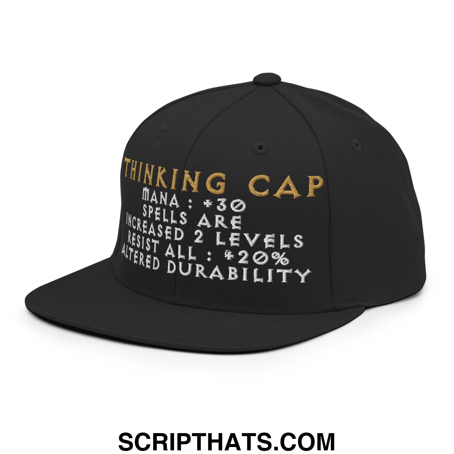 Black snapback thinking cap with gold and white embroidered game stats like plus 30 mana and spell boosts