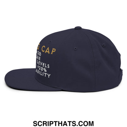 Navy blue snapback thinking cap diablo hat with gold and white embroidered g cap text and game-like stats design