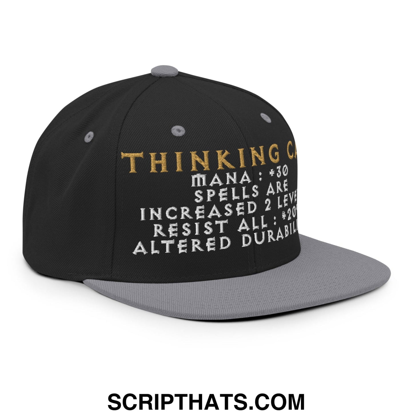 Black and gray thinking cap diablo snapback hat with gold and white embroidered text and game-like stats design