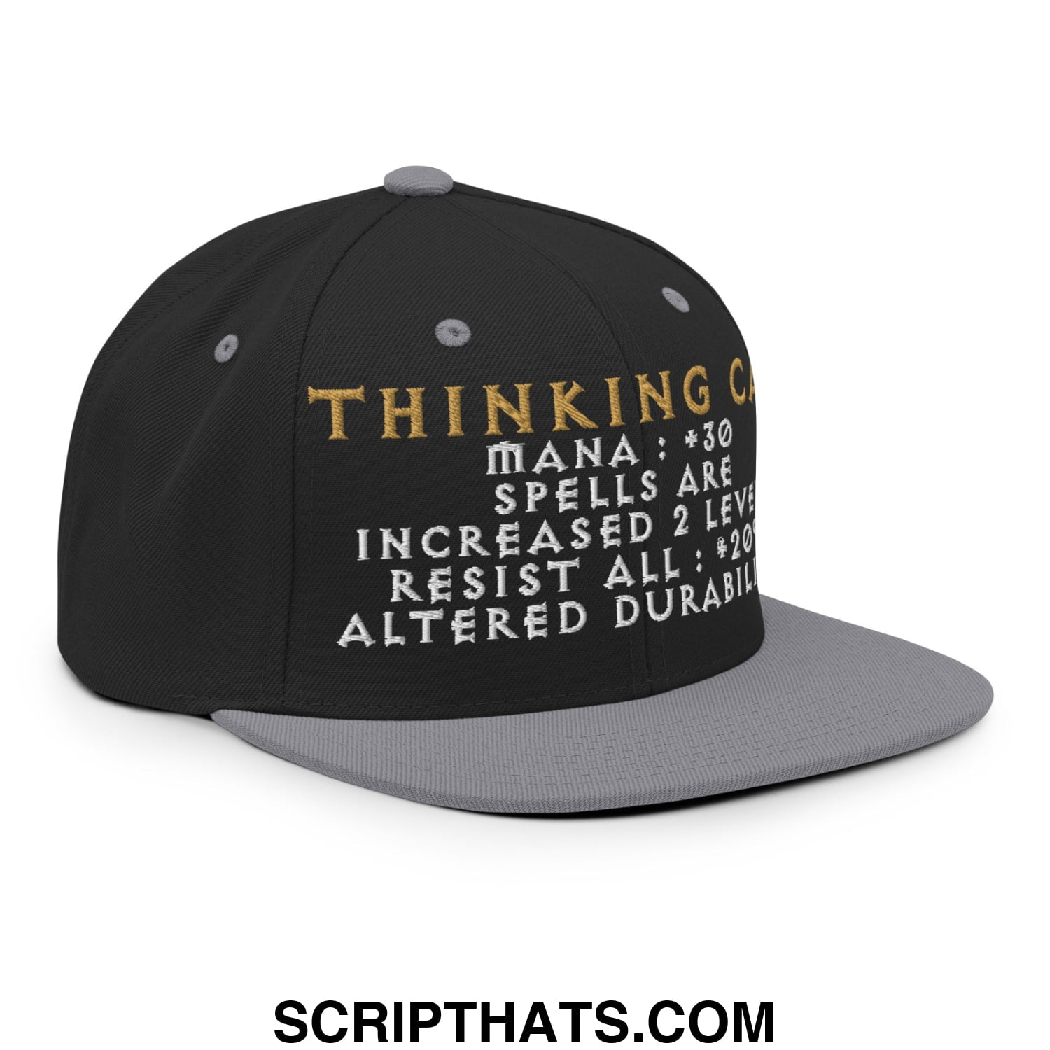 Black and gray thinking cap diablo snapback hat with gold and white embroidered text and game-like stats design