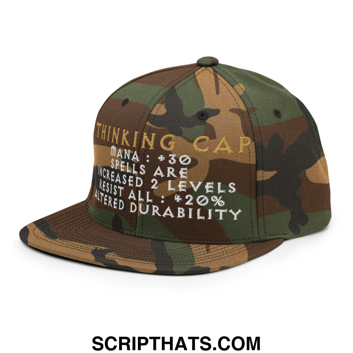 Thinking Cap Diablo embroidered flat bill snapback hat in camouflage with gold white thinking cap text and game stats
