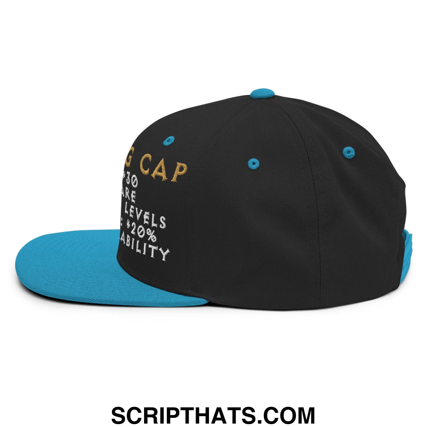 Black snapback Thinking Cap Diablo hat with teal brim and gold white embroidered gaming text flat bill design