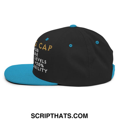 Black snapback Thinking Cap Diablo hat with teal brim and gold white embroidered gaming text flat bill design
