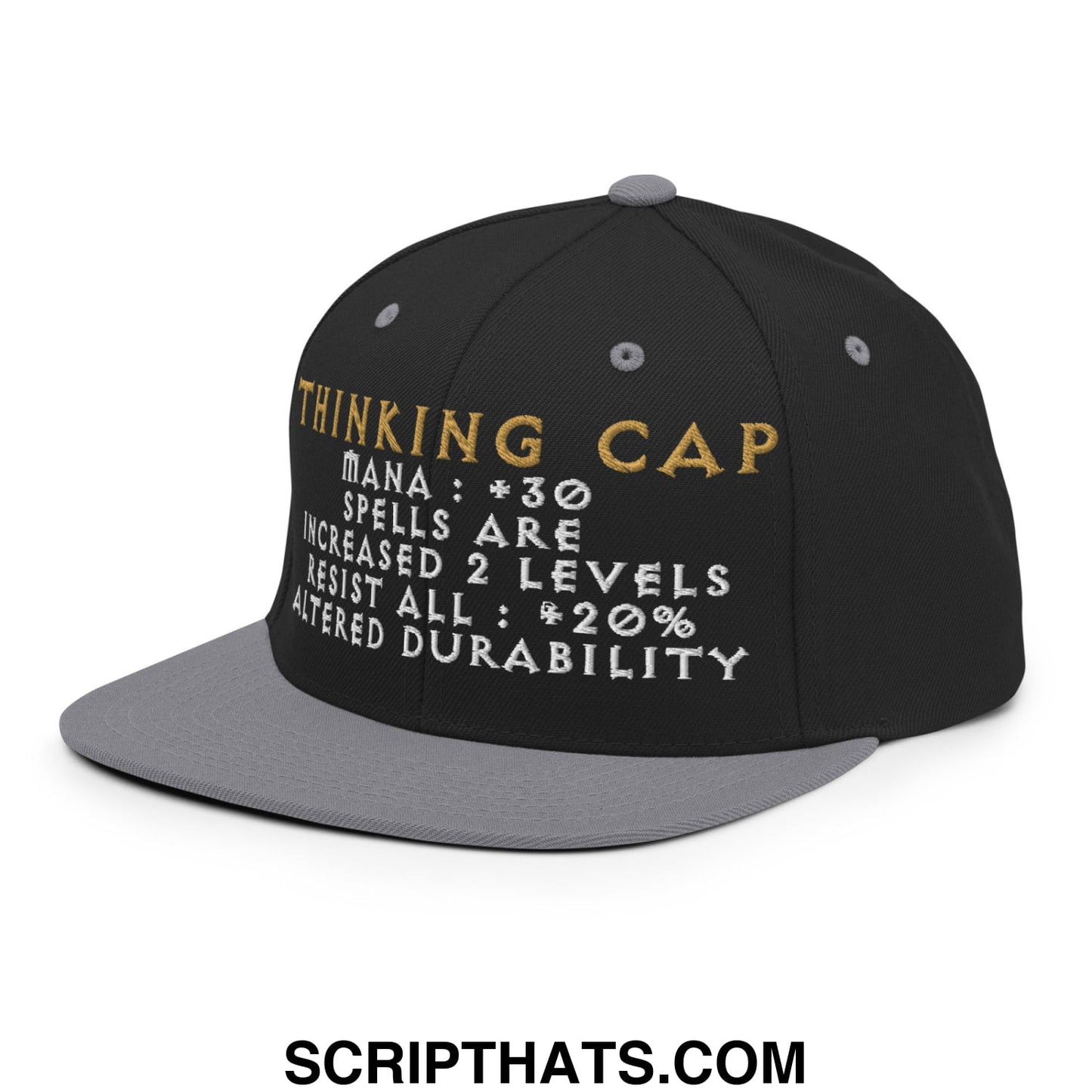 Black and gray flat bill snapback cap with gold and white embroidered thinking cap gaming stats design