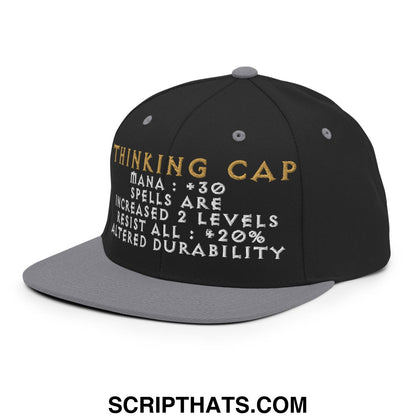 Black and gray flat bill snapback cap with gold and white embroidered thinking cap gaming stats design