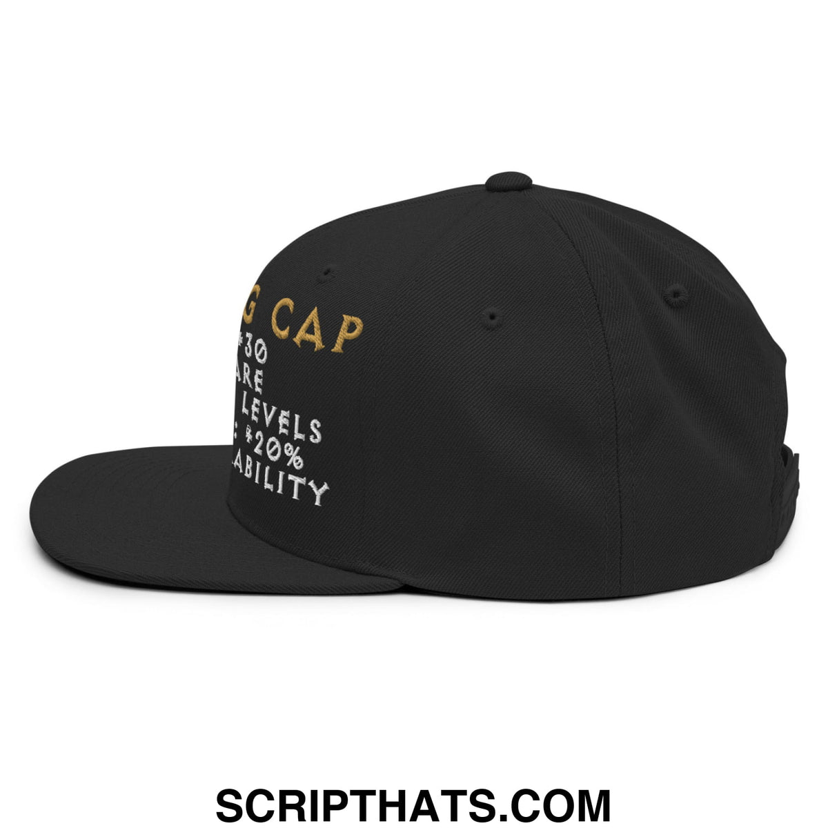 Black thinking cap diablo snapback hat with gold and white embroidered g cap text and game-like stat details