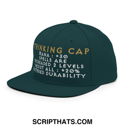 Dark green thinking cap diablo snapback hat with gold and white embroidered text and game-like stats design