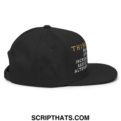 Black snapback hat with gold and white embroidered thinking cap diablo text on the side for casual wear