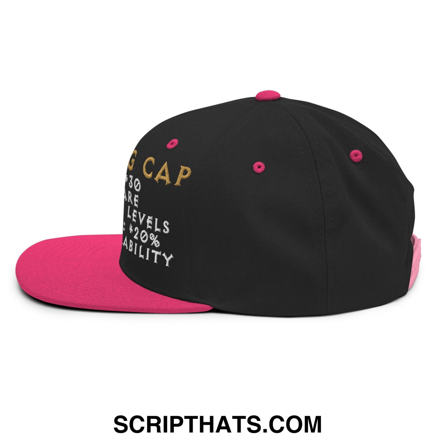 Thinking cap diablo snapback hat with black and pink flat bill brim and gold and white g cap embroidered text