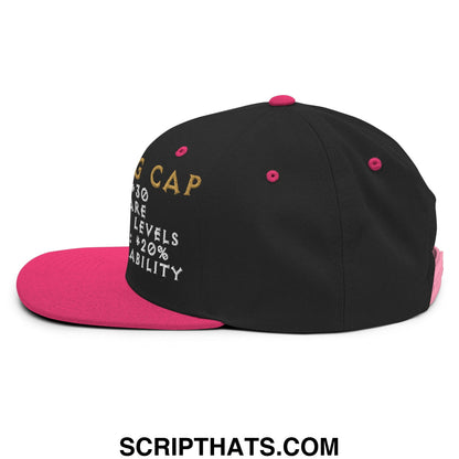 Thinking cap diablo snapback hat with black and pink flat bill brim and gold and white g cap embroidered text