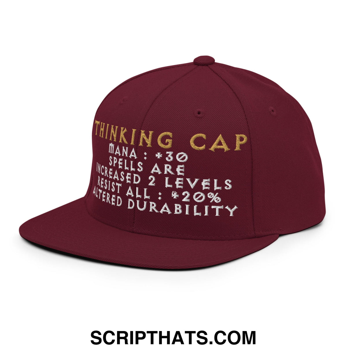 Maroon thinking cap diablo snapback hat with gold and white embroidered text and game-like stats on flat bill brim