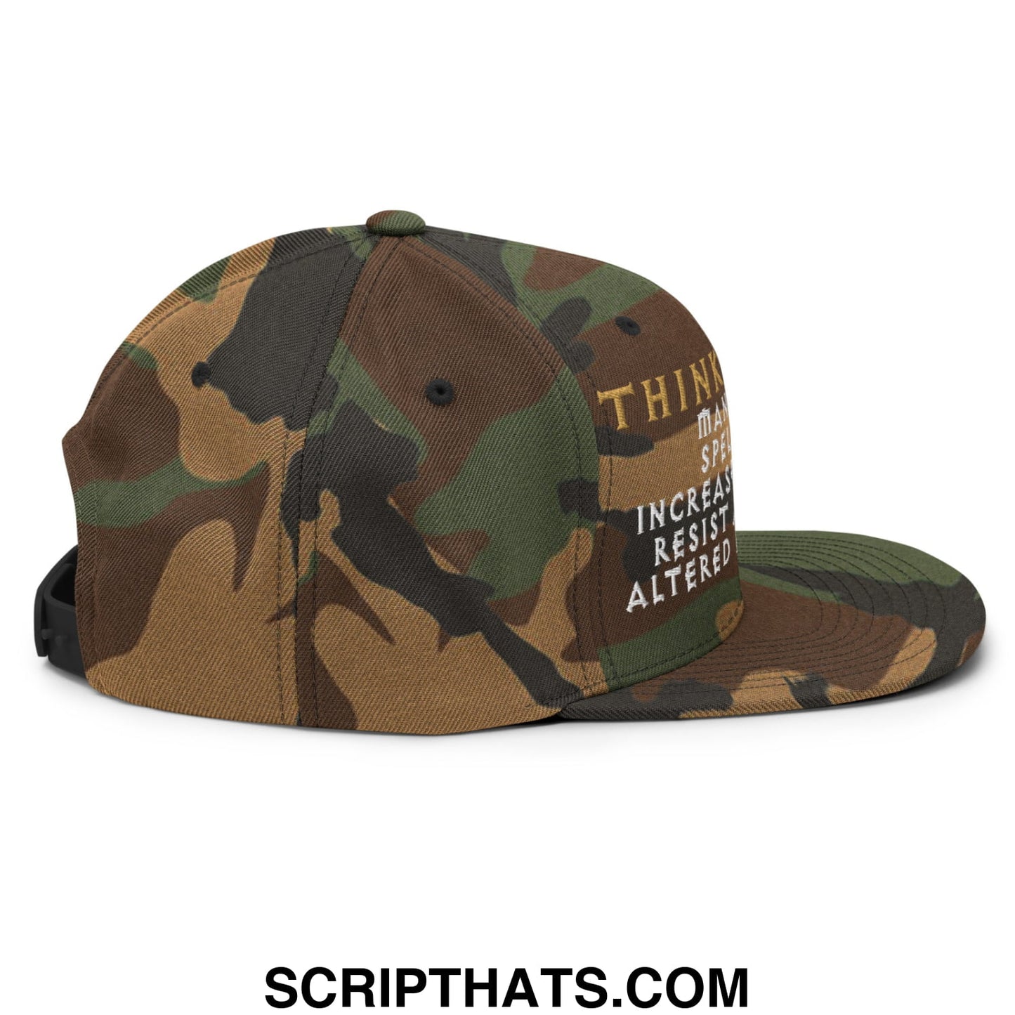 Thinking cap diablo camo snapback hat with flat bill brim and gold embroidered text on the side panel