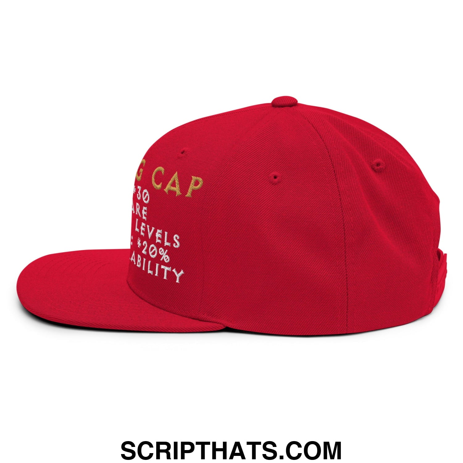 Red snapback thinking cap diablo hat with gold and white embroidered gaming text and flat bill brim