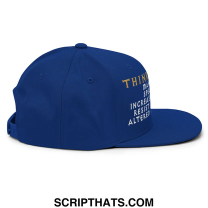 Royal blue thinking cap diablo snapback hat with gold and white embroidered text on the side and flat bill brim