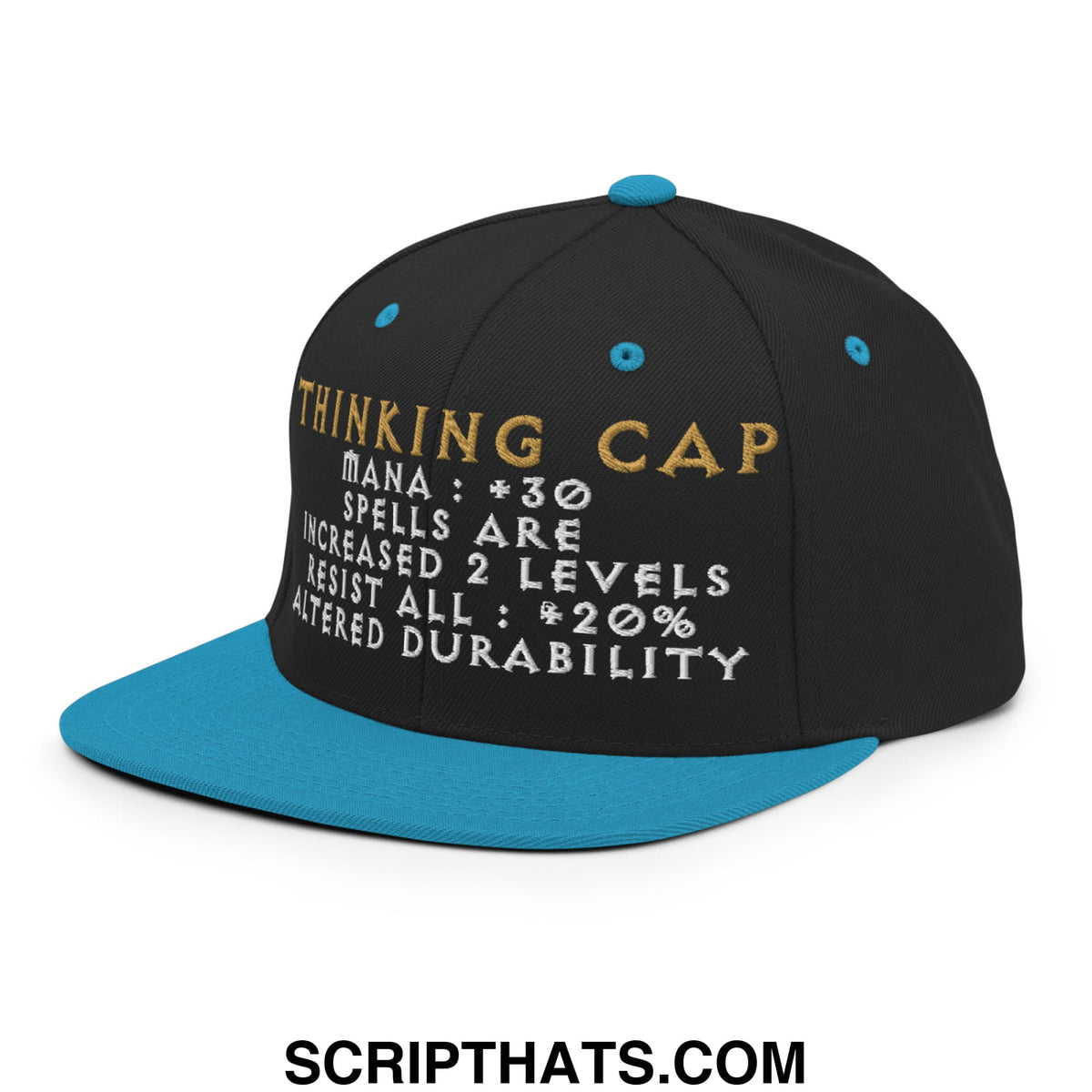 Black snapback cap with teal brim and button featuring gold and white thinking cap embroidery and game-style stats