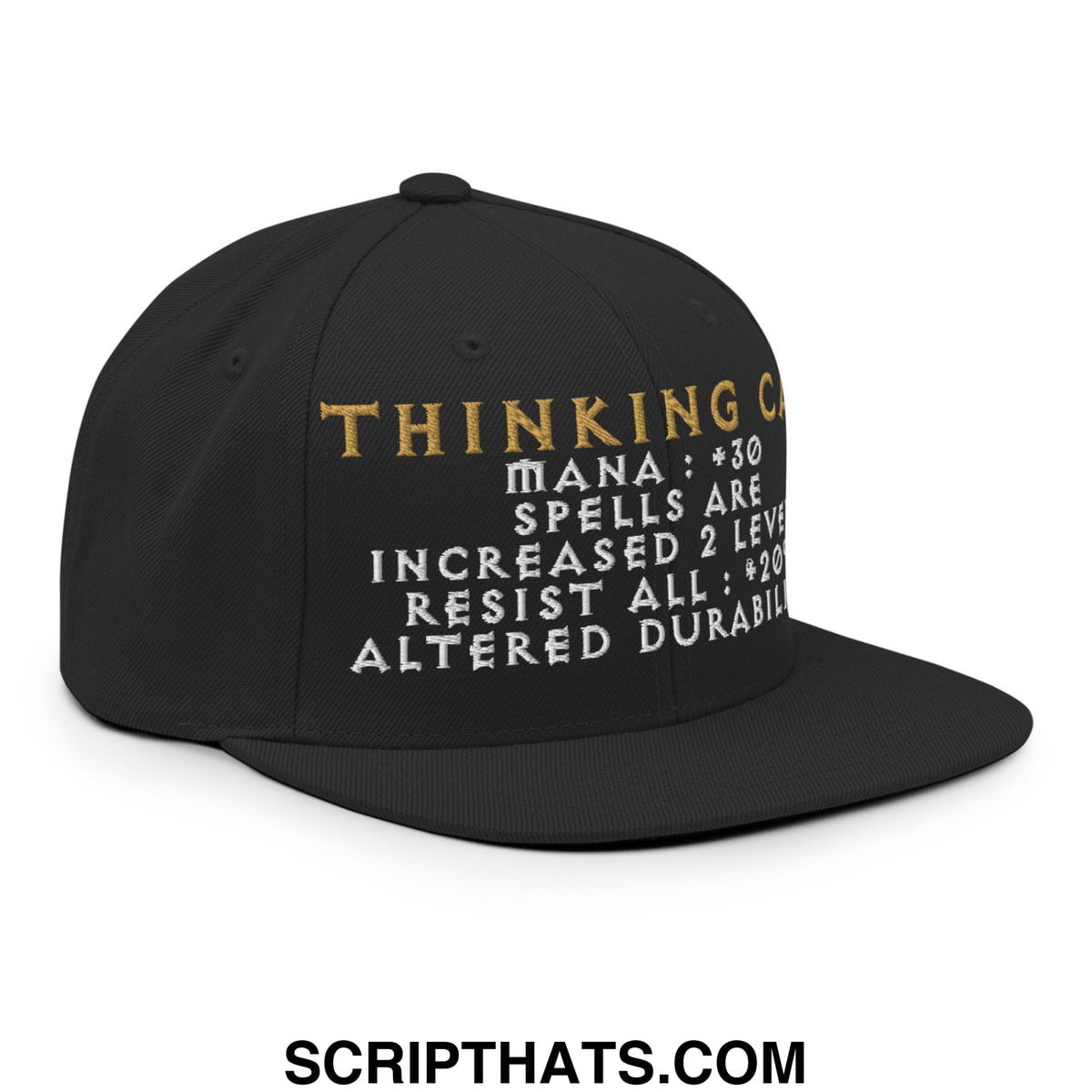 Black thinking cap diablo snapback hat with gold and white embroidered text and game-like stats design
