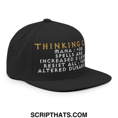 Black thinking cap diablo snapback hat with gold and white embroidered text and game-like stats design
