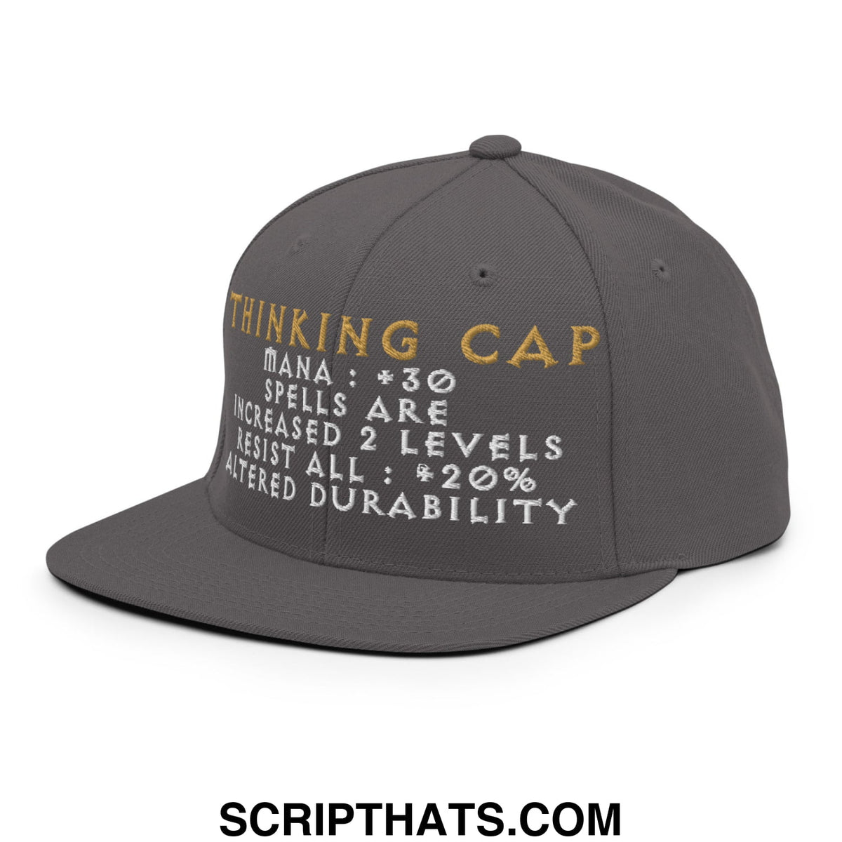 Gray thinking cap diablo embroidered flat bill snapback hat with gold and white text and game-like stats design
