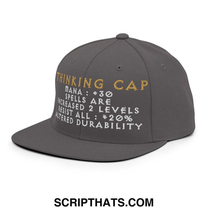 Gray thinking cap diablo embroidered flat bill snapback hat with gold and white text and game-like stats design