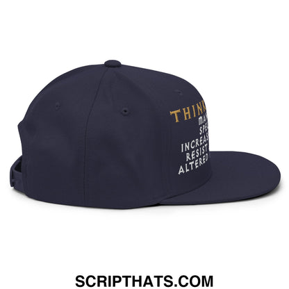 Navy blue thinking cap diablo snapback hat with gold and white embroidered text on the side and flat bill brim