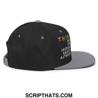 Black and gray snapback cap with gold and white embroidered thinking cap diablo text on the side