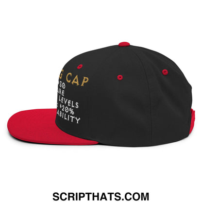 Thinking cap diablo embroidered flat bill snapback hat in black and red with gold and white g cap text and game-like stats