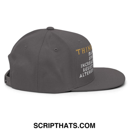 Dark gray thinking cap diablo snapback hat with flat bill and gold white embroidered text on the side
