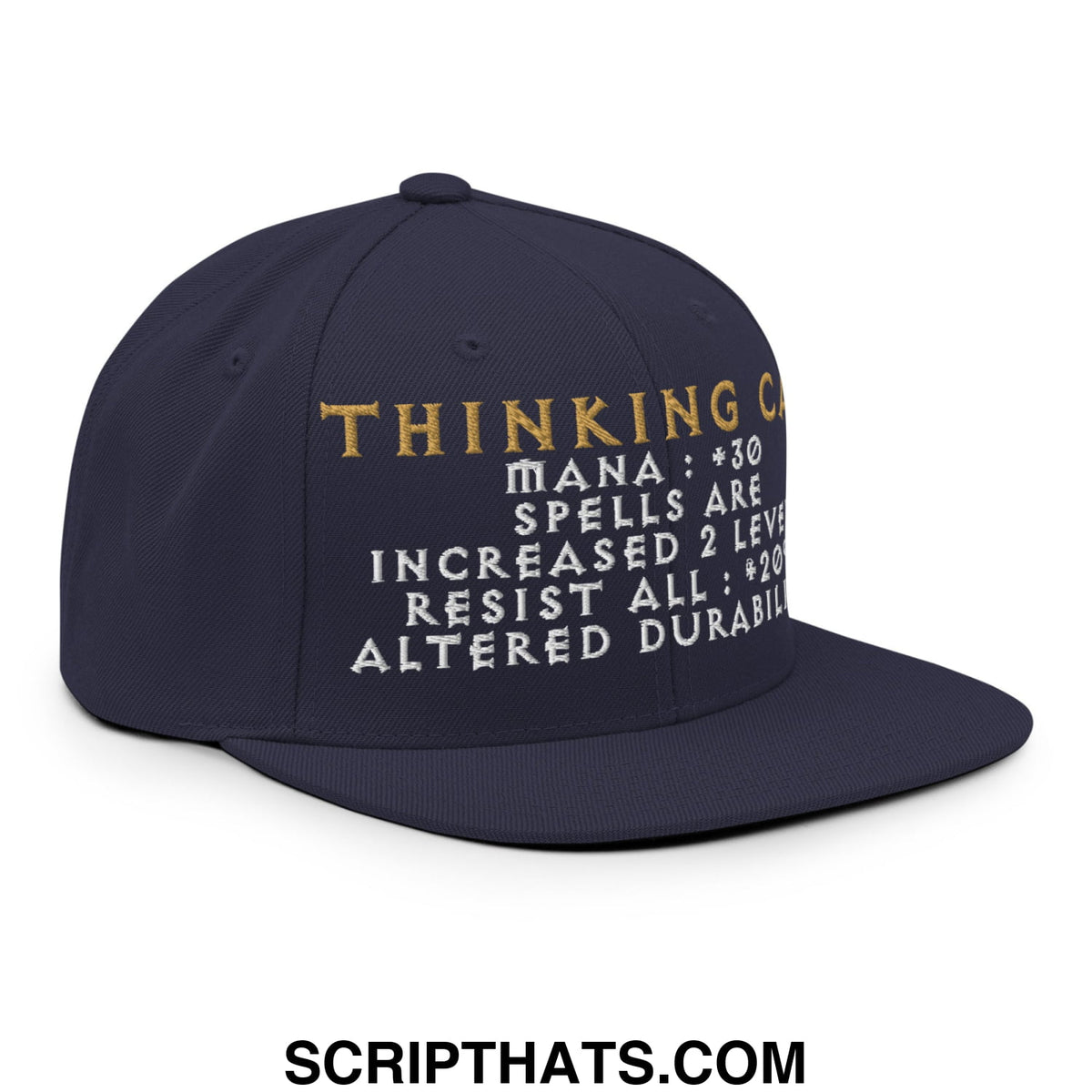 Dark navy thinking cap diablo snapback hat with gold and white embroidered text and game-like stats on flat bill brim