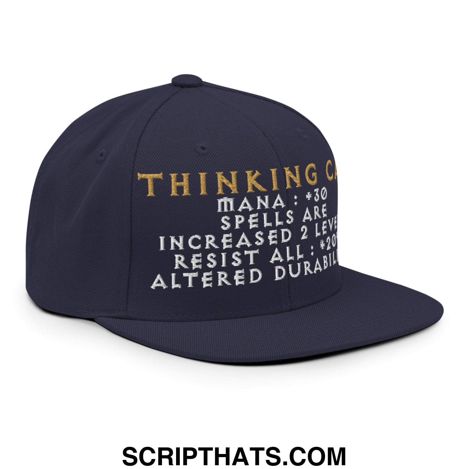 Dark navy thinking cap diablo snapback hat with gold and white embroidered text and game-like stats on flat bill brim