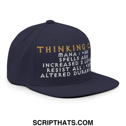 Dark navy thinking cap diablo snapback hat with gold and white embroidered text and game-like stats on flat bill brim