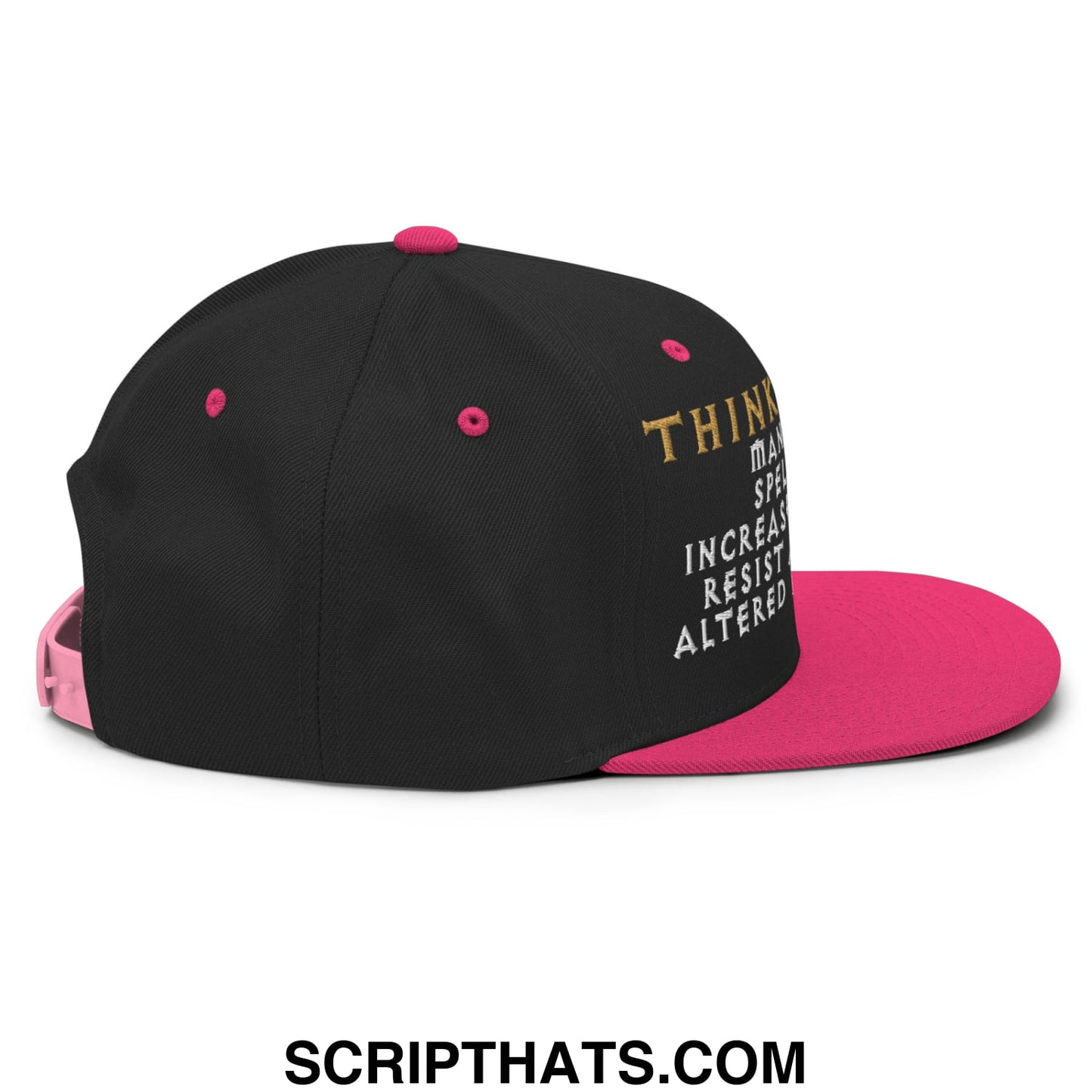 Thinking cap diablo embroidered flat bill snapback hat in black and pink with gold and white side text