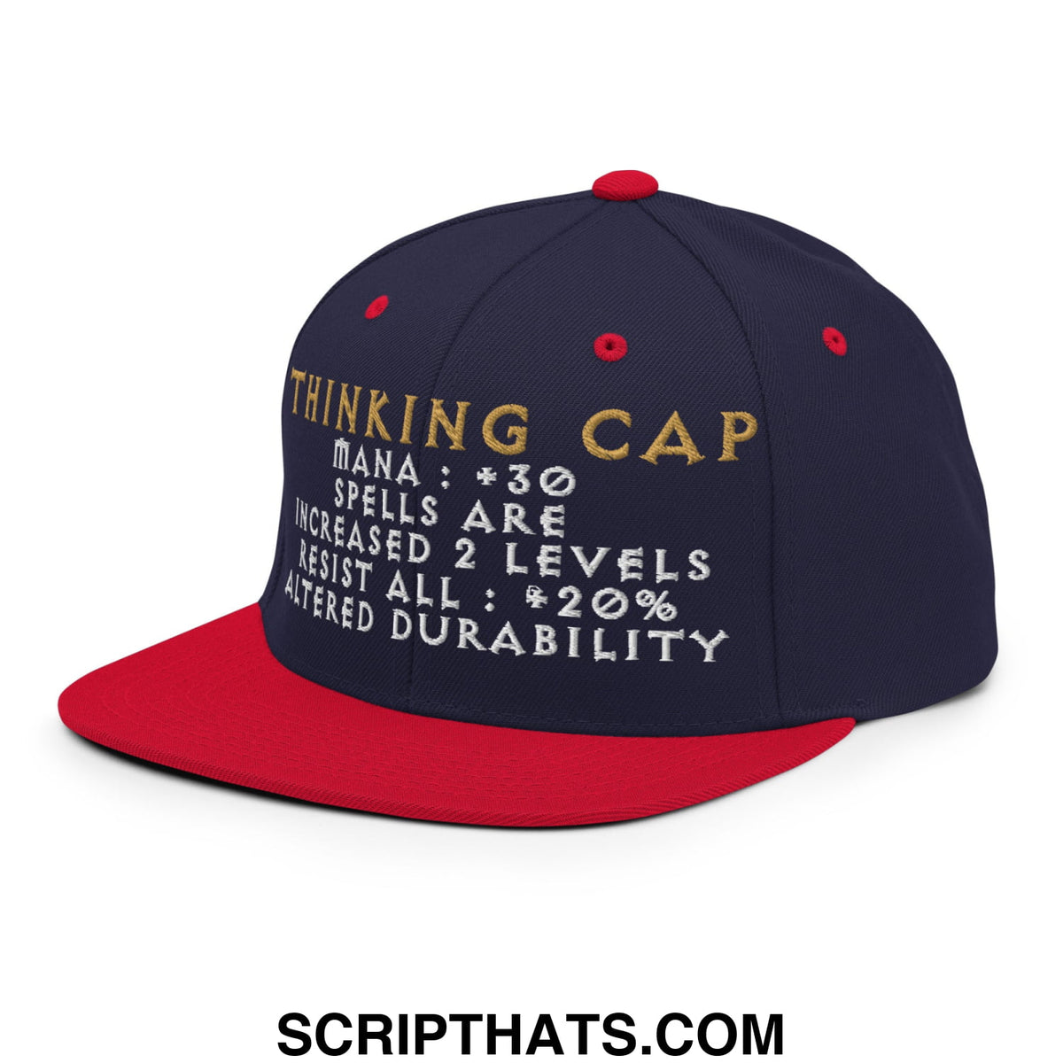 Navy blue and red snapback hat with gold and white embroidered gaming text flat bill brim thinking cap diablo